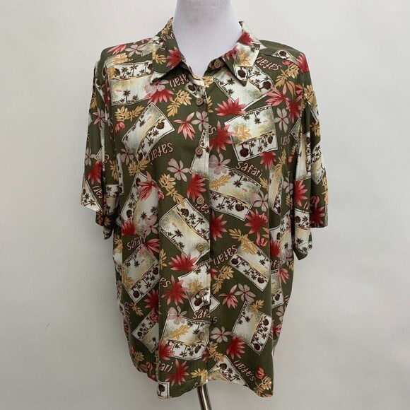 Bahama Beach Woman Top Shirt 2X Multicolor Olive Green Pink Red Floral Safari - Picture 1 of 6